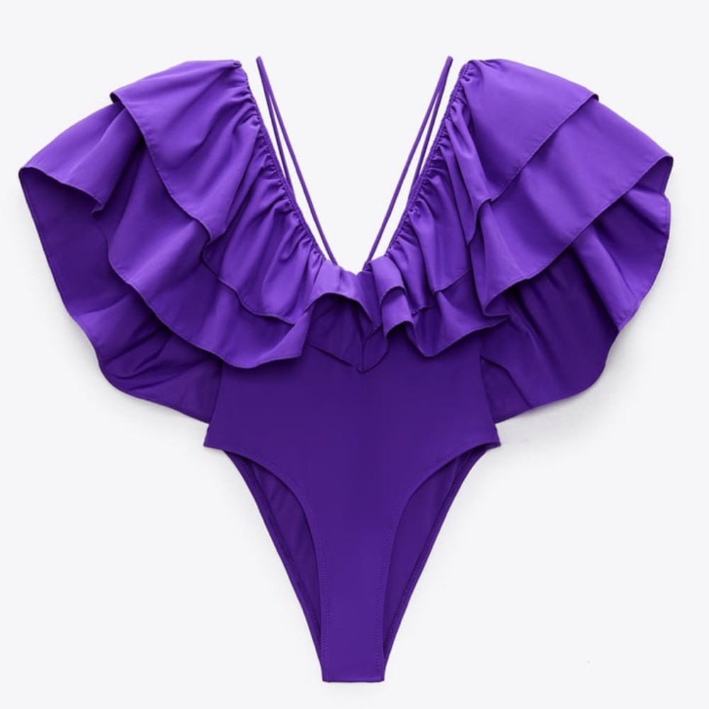 Zara Purple Ruffle One Piece Swimsuit Bodysuit M